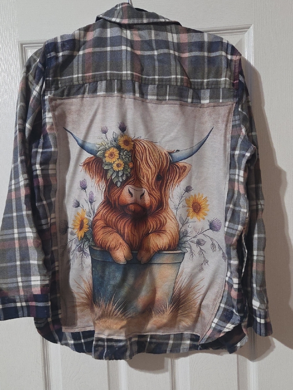 Jach's Girlfriend Flannel Shirt with Highland Cow Back Print - Multi-Color.